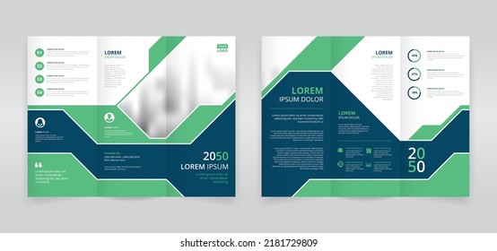 Emerald green and dark blue colored tech themed trifold brochure template, trifold flyer layout, pamphlet, leaflet