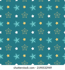 Emerald green decorative seamless pattern star asterisk on dark background, design for textile and decoration