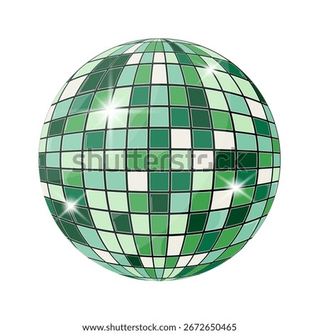 Emerald green disco ball with shiny reflections. Vector illustration for retro party, music event, or festive design projects.
