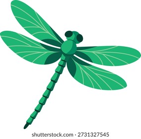 Emerald green dragonfly in flight. Summer insect soaring, gliding in air. Long bug, spring fauna flying. Dragon fly. Flat graphic vector illustration isolated on white background