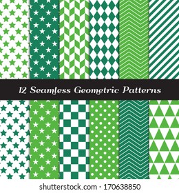 Emerald and Green Geometric Seamless Patterns. St Patrick's Day Backgrounds in Diamond, Chevron, Polka Dot, Checkerboard, Stars, Triangles, Herringbone and Stripes. Pattern Swatches with Global Colors