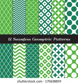 Emerald and Green Geometric Seamless Patterns. St. Patrick's Day Retro Mod Backgrounds in Jumbo Polka Dot, Diamond Lattice, Scallops, Quatrefoil and Chevron. Pattern Swatches made with Global Colors

