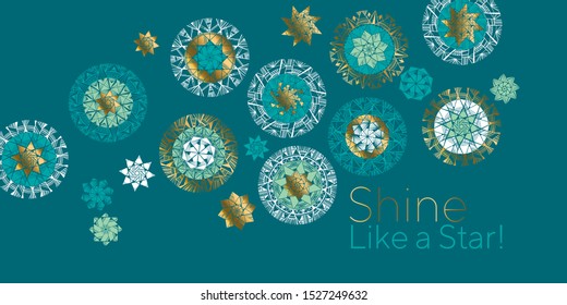 Emerald green and gold big snowflakes header composition. Luxury hand drawn winter snow flakes decor for card, header, invitation, poster, social media, post publication.