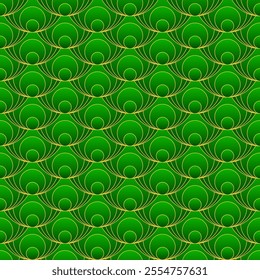 Emerald green and gold seamless pattern. Background with blended rounds. Outline geometric pattern. Art deco	
