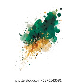 Emerald green gold watercolor splash splatter stain brush strokes gold glitters on white background. Modern aquarelle spots. Isolated painted abstract design. Element. Vector watercolor illustration.