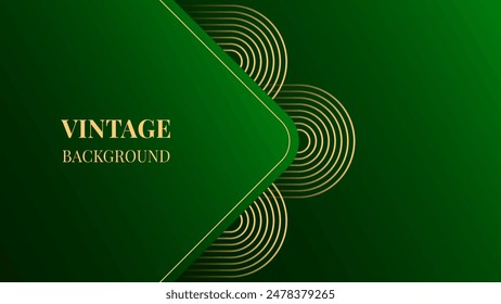 Emerald green gradient abstract background with gold wavy lines design. Vintage geometric pattern. Retro poster or web banner template. Blended lines	