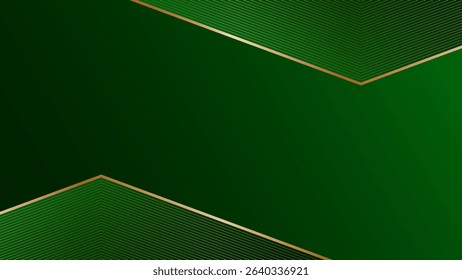 Emerald green gradient abstract background with gold lines, 3d geometric pattern and shadows. Futuristic design. Shiny poster or web banner template
