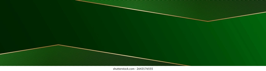 Emerald green gradient abstract banner with gold lines, 3d geometric pattern and shadows. Futuristic design. Shiny poster or web banner template