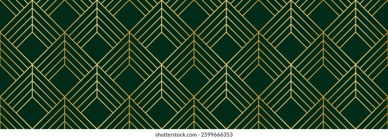 Emerald green and gradient gold art deco seamless vector repeat pattern banner design, elegant dark horizontal background design