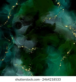 Emerald green hand painted alcohol ink background with gold glitter elements