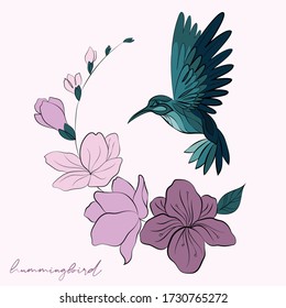 An emerald green hummingbird flies near pink flowers. Hummingbird and twig with flowers.Little bird near the buds. Little exotic bird.Drawing for printing on t-shirts. Wild exotic nature. Hummingbird