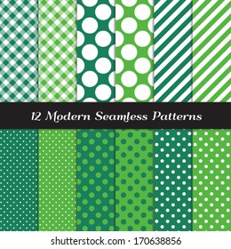 Emerald and Green Jumbo Polka Dots, Gingham and Stripes Seamless Patterns. St. Patrick's Day or Golf theme backgrounds. Pattern Swatches included and made with Global Colors.