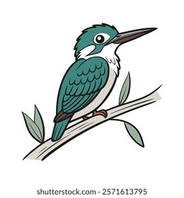 Emerald Green Kingfisher Cartoon Character Diving for Fish