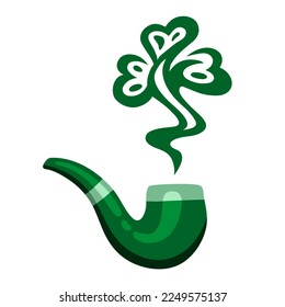 Emerald green leprechaun smoking pipe with trefoil shaped smoke. Attribute of the Irish holiday and symbol of St. Patrick's day. Vector illustration