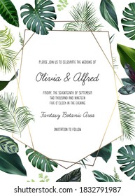 Emerald green monstera, calathea, palm tropical leaves template geometric card. Emerald exotic greenery frame. Island wedding invitation. Tourism and vacation banner.Elements are isolated and editable