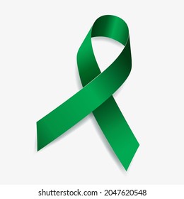 Emerald green ribbon awareness Liver cancer, Liver disease, Mental health. Isolated on white background. Vector illustration.