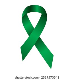 Emerald green ribbon awareness Liver cancer, Liver disease, Mental health. Isolated on white background. Vector illustration.
