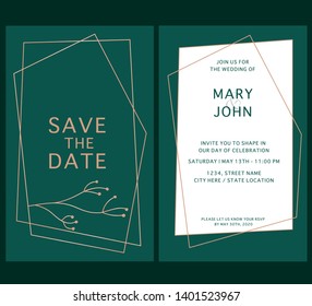 Emerald Green & Rose Gold Wedding Invitation. Save The Date Template. Vector Floral Design Card