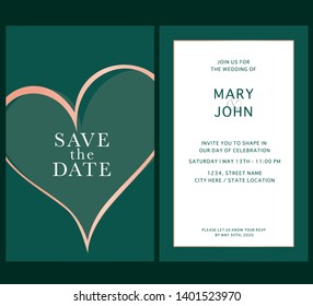 Emerald Green & Rose Gold Wedding Invitation. Save the date template. Vector heart design card