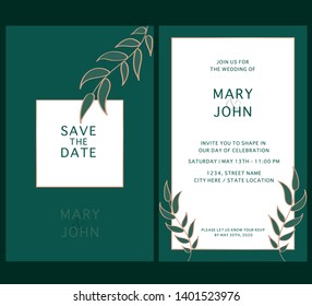 Emerald Green & Rose Gold Wedding Invitation. Save the date template. Vector floral design card