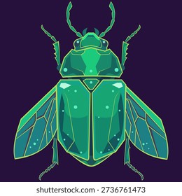 Emerald Green Scarab Beetle Flat Vector Illustration Isolated on Dark Background