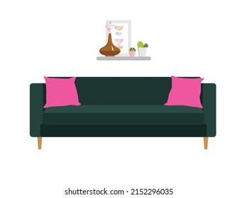 Emerald green sofa with pillows, front view. Furniture element for interior design. Vector illustration in flat style isolated on white background