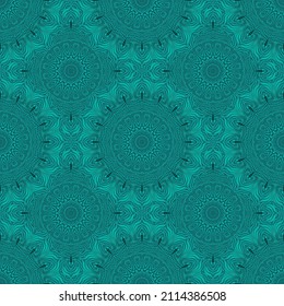 Emerald green tile or textile print seamless vector pattern graphic design. Turquoise emerald green concentric mandala geometric eamless ornament, fabric or tile print. Turquoise teal seamless print