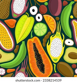 EMERALD GREEN VECTOR SEAMLESS BACKGROUND WITH BRIGHT MULTICOLORED TROPICAL FRUITS IN POP ART STYLE