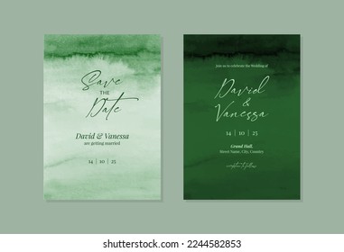 Emerald green wedding card template design with watercolor texture