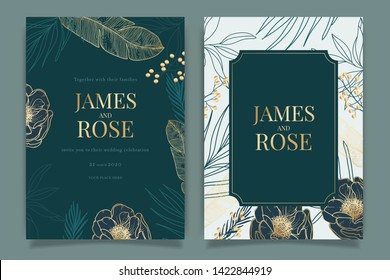 Emerald green Wedding Invitation, floral invite thank you, rsvp modern card Design in white rose with red berry and leaf greenery  branches decorative Vector elegant rustic template