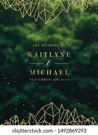 Emerald greenery forest foliage vector background. Green garden trees wedding invitation. Summer leaves card texture. Golden line crystal art. Rustic style save the date.Elegant outdoor party template
