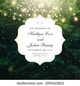 Emerald greenery forest foliage vector background. Green garden trees wedding invitation. Summer leaves card texture. Bokeh lights art.Rustic style save the date.Elegant outdoor party template garland