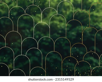 Smaragdgrüner, waldreicher Hintergrund. Grüne Gartenbäume Einladung zur Hochzeit. Der Sommer verlässt Kartenstruktur. Goldene Linienbögen Kunst. Rustikaler Stil speichert das Datum.Elegante Party-Vorlage im Freien