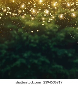 Emerald greenery forest foliage vector background. Green garden trees wedding invitation. Summer leaves card texture. Bokeh lights art.Rustic style save the date.Elegant outdoor party template garland
