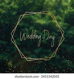 Emerald greenery forest foliage vector background. Green garden trees wedding invitation. Summer gold geometry card texture. Line art.Rustic style save the date.Elegant outdoor party template garland