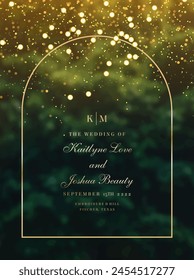 Emerald greenery forest foliage vector background. Green garden trees wedding invitation. Summer leaves card texture. Bokeh lights art.Rustic style save the date.Elegant outdoor party template garland