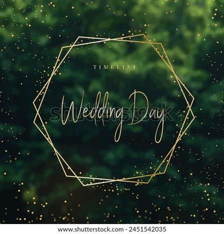 Emerald greenery forest foliage vector background. Green garden trees wedding invitation. Summer gold geometry card texture. Line art.Rustic style save the date.Elegant outdoor party template garland