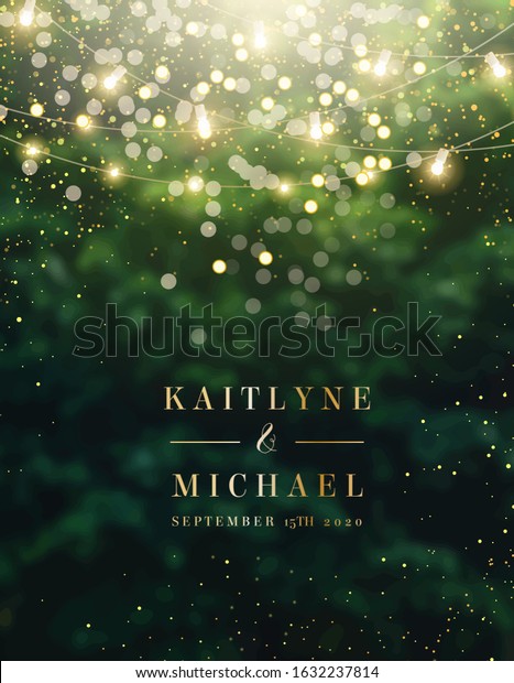 Emerald greenery forest foliage vector\
background. Green garden trees wedding invitation. Summer leaves\
card texture. Bokeh lights art.Rustic style save the date.Elegant\
outdoor party template\
garland