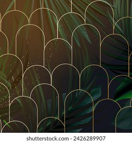 Fondo de vector de follaje tropical verde esmeralda. Invitación de boda de árboles verdes. Textura de tarjeta de hojas exóticas. La línea dorada arquea el arte. Estilo de fiesta de la isla guarda la fecha.