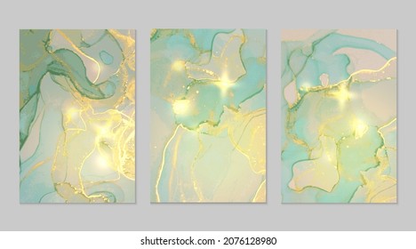 Emerald, grey, gold marble abstract backgrounds. Set of alcohol ink technique vector stone textures. Modern paint in natural colors with glitter. Template for banner, poster design. Fluid art painting