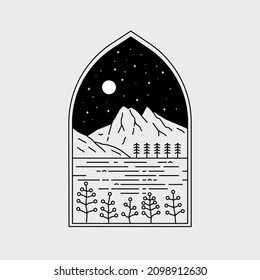 Emerald Lake.Yoho Ntional Park on the night Illustration in mono line art. nature vector.