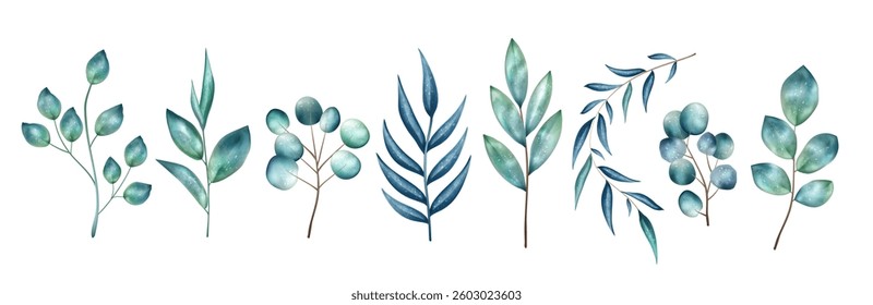 Emerald leaves, watercolor branch. Tender greenery, dry blue painting. Different green plants for cards and posters decor. Isolated elements. Botanical stickers. Vector spring leaves illustration