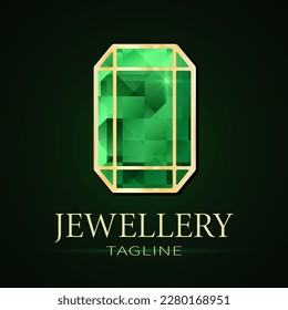 Emerald logotype. Stylized green faceted crystal in a gold frame. Best for web, print, logo creating and branding design.