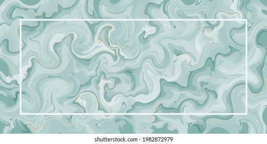 Emerald marble texture with gold and thin white frame. Abstract watercolor vector background. Liquid turquoise marble. For the design of cards, wedding invitations and packaging.