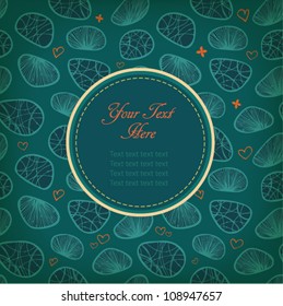 Emerald seamless background with place for your text. (Background behind the frame is complete and seamless). Lace decorative frame with stones and shells. Can use for arts, cards, gifts