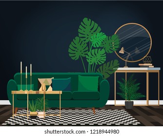 Emerald sofa against a dark blue wall with a mirror.