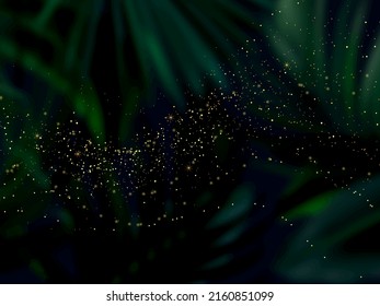Emerald tropical forest foliage vector background. Green exotic trees blurred. Summer leaves unfocused card texture with gold glitter. Nature weekend. Rustic style. Elegant outdoor party template.