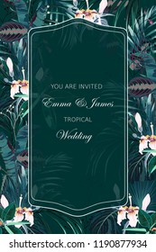 Emerald tropical wedding invitation. Greenery greeting card template design, exotic flowers and tropical leaf with green background.