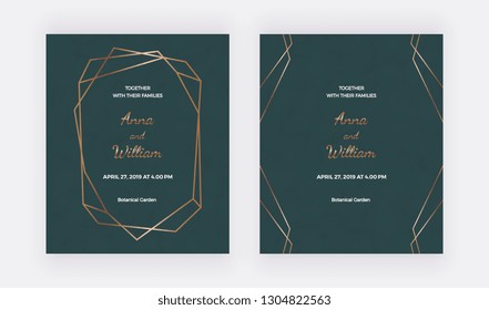 Emerald wedding invitation cards with golden polygonal frame and geometric lines. Trendy templates for banner, flyer, poster, save the date, greeting
