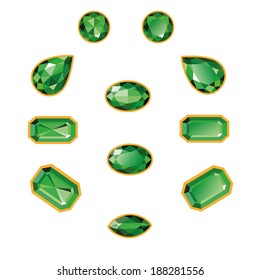 Emeralds set different cut - round, drop, pear, oval, octagon and race. Green shiny three-dimensional jewelry on a white background. Isolated Objects